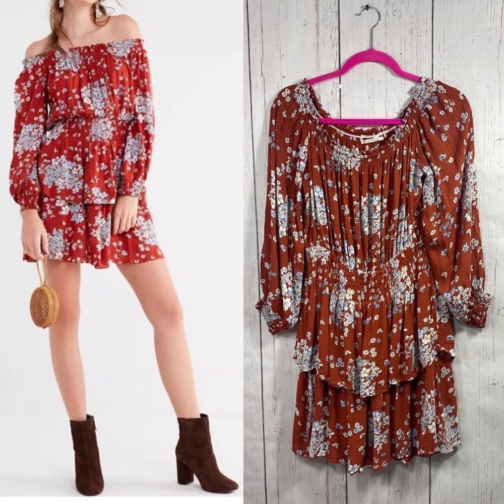 Urban Outfitters Floral Boho Cottagecore Mini Dress Off Shoulder Smocked Size L